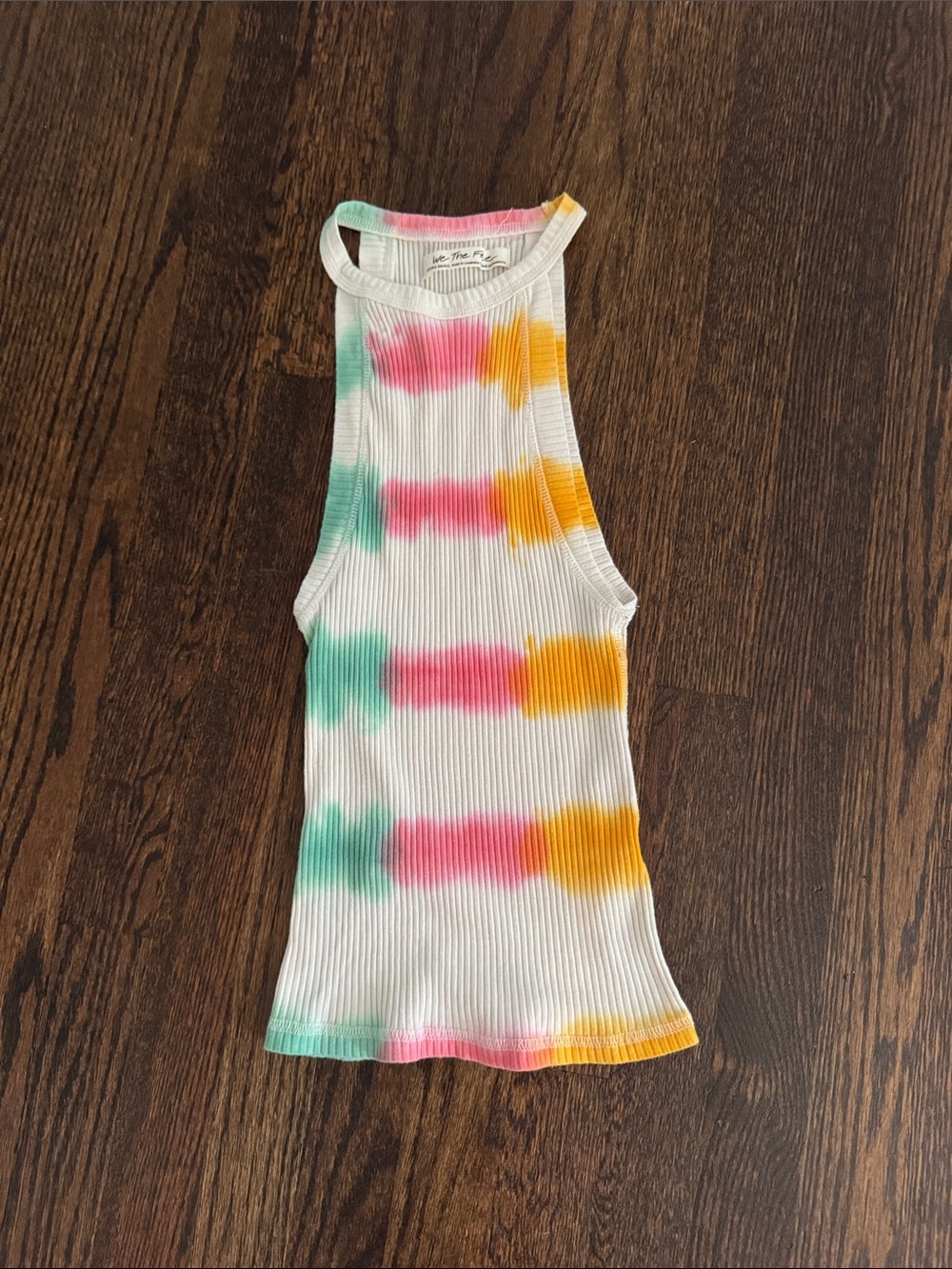 Free People White Ribbed Tank with Pink, Green & Yellow Tie-Dye